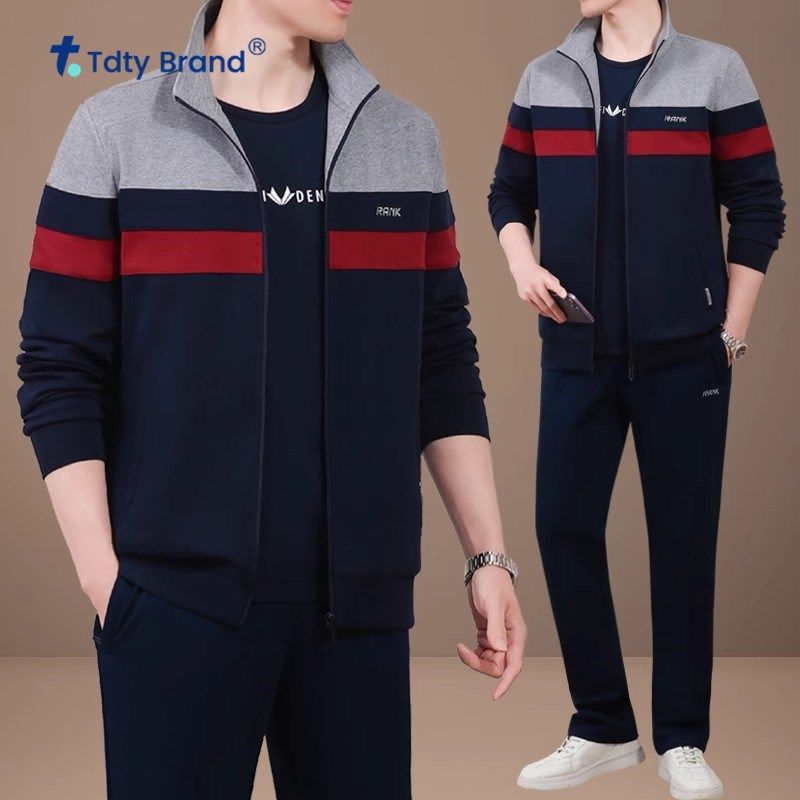 潮流时尚运动休闲服外套套装男士春秋季三件套2025新款中老年套装,淘宝优惠券,粉丝福利购,淘宝优惠卷