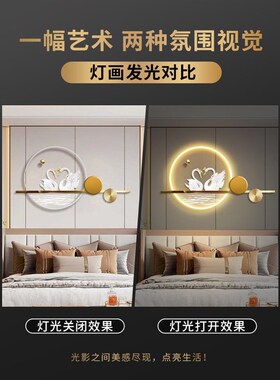 主卧室床头装饰画高级感壁灯画天鹅温馨浪漫氛围灯房间简约挂画