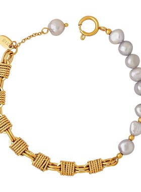 日韩秋冬复古铜材质链子饰品搭配灰色淡水珍珠串珠手链手饰不掉色