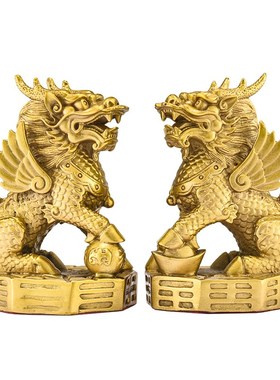 铜麒麟摆件一对纯黄铜八卦火麒麟客厅家居店铺办公室装饰礼品大号
