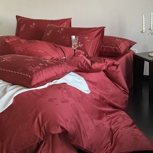 结婚床上用品四件套全棉婚庆大红色床单被套喜被新婚嫁房被罩 - 图0