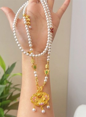 镶钻花开富贵锁包吊坠镶嵌琴棋书画錾刻古法金项链毛衣链