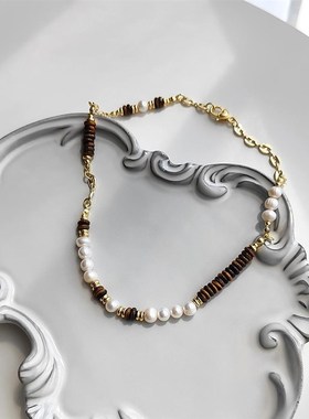 虎眼石淡水珍珠串珠拼接设计项链女小众轻奢高级感锁骨链毛衣链