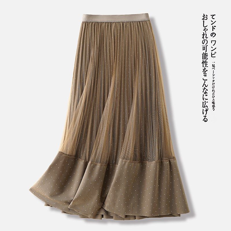 烫钻网纱拼接半身裙女夏季2025新款松紧高腰时尚中长款大摆百褶裙,淘宝优惠券,粉丝福利购,淘宝优惠卷