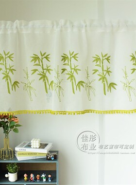 竹子绣花窗纱成品魔术贴纱帘半帘免打孔拍飘窗透光落地帘隔断帘透