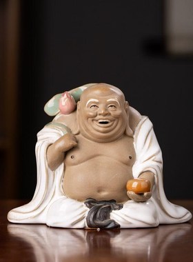 《和合尊者》书房桌面小摆件茶桌茶宠国J风手工雕塑弥勒佛石湾公