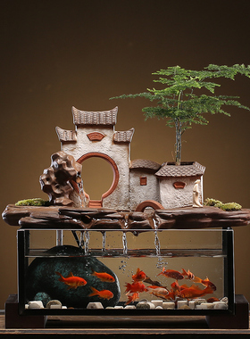 循环流水生财摆件创意灯圈鱼缸办公室桌面客厅装饰U招财开业送礼