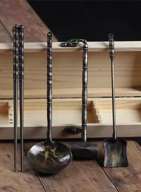 唐代煎茶茶具炭风炉铜筷子手工打磨黄铜火箸功夫茶夹火钳茶道配