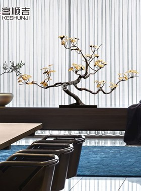 酒店摆件装饰品大堂会所玄关雕塑中式铁艺工艺品金属迎客松包邮