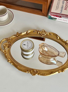ins风法式复古镜子托盘客厅装饰摆件首饰展示收纳盘网红拍照道具