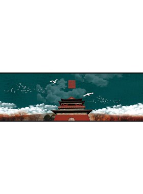 新中式客厅装饰画沙发背景城墙建筑大气壁画展厅重彩餐厅过道挂画