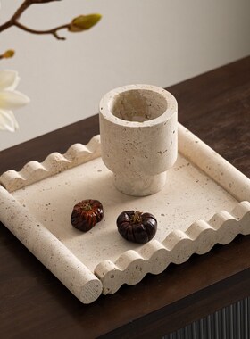 侘寂中古风黄洞石几何花器摆件样板房客厅软装茶几托盘桌面装饰品