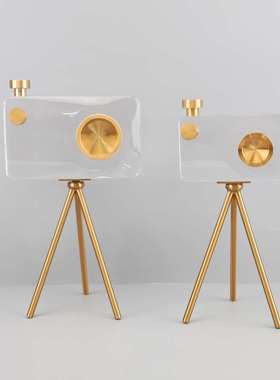 简约北欧轻奢K9水晶相机摆件样板房家居客厅电视柜创意桌面装饰品