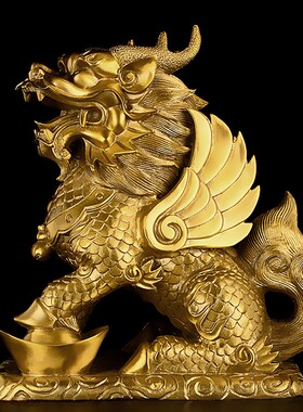 麒麟摆件一对黄铜客厅办公室乔迁店铺开业礼品大号铜麒麟工艺品