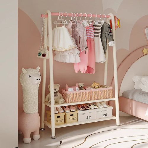 儿童落地式衣帽架卧室床边挂衣架铁艺双层放衣服架子收纳置物衣架 - 图3