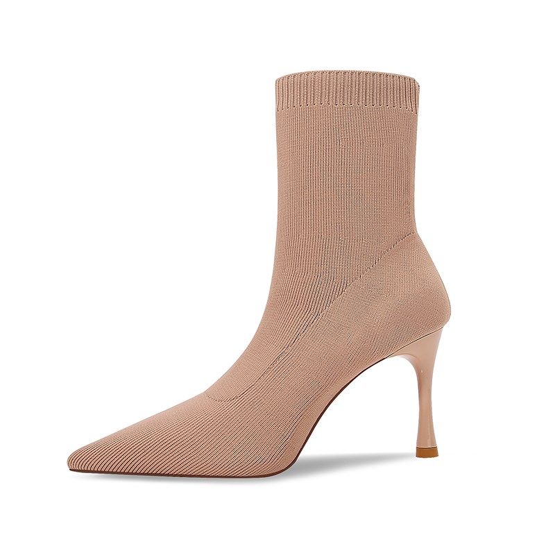 裸色针织短靴女高跟鞋中筒瘦瘦靴尖头细跟套筒单靴女黑色酒杯跟鞋,淘宝优惠券,粉丝福利购,淘宝优惠卷