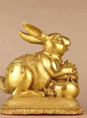 黄铜聚宝盆存钱罐兔子摆件生肖兔钱袋子兔家居办公室装饰工艺礼品