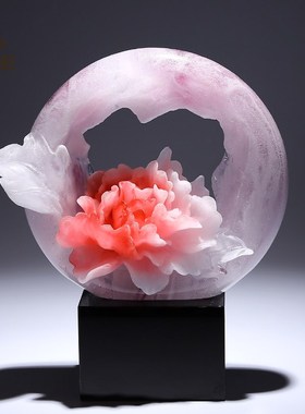 非遗文化琉璃艺术品牡丹花文创摆件轻奢J高档办公室装饰水晶工艺