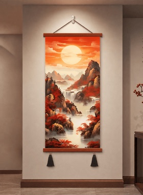 新中式山水挂画玄关客厅竖版靠山国画办公室书房餐厅背景墙装饰画