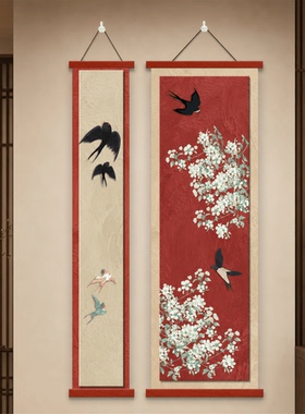 新中式国风轻奢花鸟竖版双联装饰画客厅玄关走廊过道禅意梅花挂画