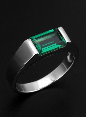 祖母绿碧玺色绿尖晶男士戒指925银镀H金彩宝指环简约个性情侣尾戒