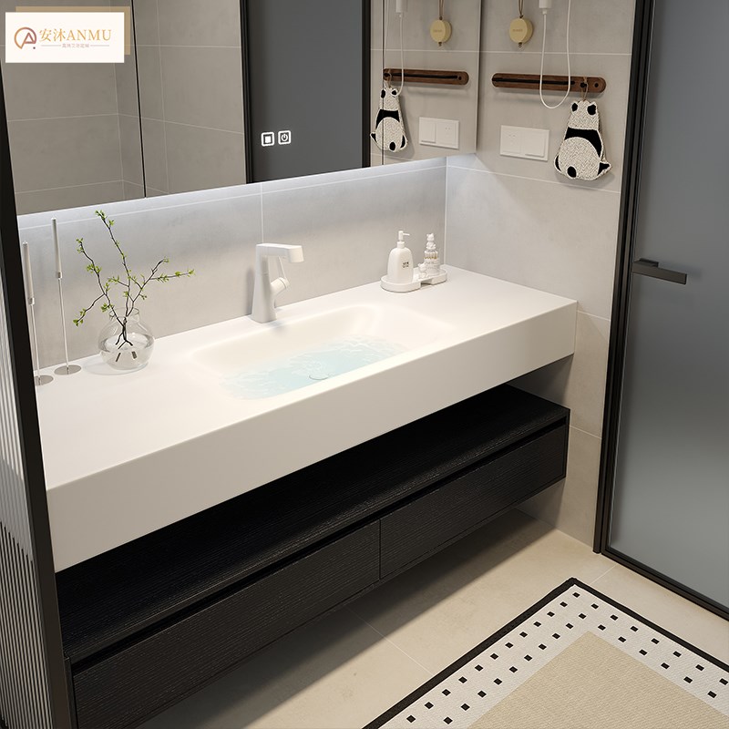 现代酒店轻奢风分体可丽耐一体盆实木浴室柜组合岩板热弯一体卫浴 - 图0