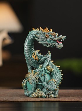 中式青砂石瑞兽祥龙盘珠龙腾万里摆件客厅办公室桌面玄关茶桌摆设