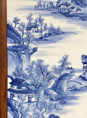 王步作品精品草花梨老框镶瓷板画手绘青花山水美景四折落地大屏风
