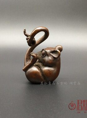 铜老鼠铜摆件可爱创意肖生老鼠老鼠香插铜长实心雕件尾巴小茶宠