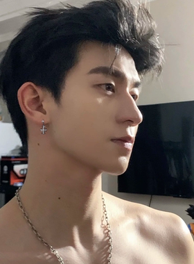 S925银做旧满钻十字架耳钉男