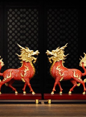 铜麒麟摆件一对 黄铜送献v瑞麒麟电视柜家庭客厅装饰开业乔迁礼物