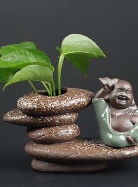 创意陶瓷叠石花器摆件小和尚桌面装饰品弥勒佛佛堂绿萝干花插花瓶
