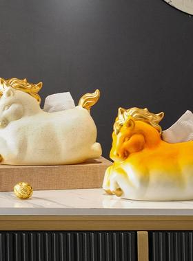新中式轻奢高档抽纸盒收纳高级创意马造型陶瓷纸巾盒家用客厅茶几