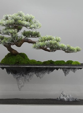 现代新中式创意假山迎客松造景摆件客厅入户玄关软装艺术品装饰品