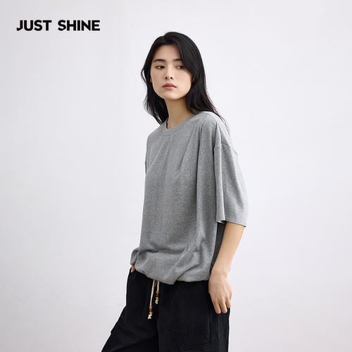 JUST SHINE/时晒收褶绵羊毛短袖t恤衫抗菌松弛感短T宽松落肩上衣 - 图1