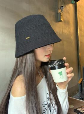 韩系简约黑色大头围渔夫帽女款秋季氛围感盆帽百搭显脸小水桶帽子
