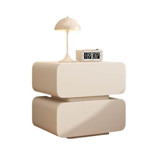 智能床头柜奶油风简约现代实木床头收纳柜卧室轻奢高级感床头柜子 - 图3