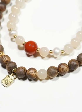 「清秋时节」天然沉香檀木白玛瑙双圈手串复古新中式南红跑环手饰