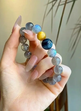 天然灰月光石手串女蓝金虎眼石手链原创设计款多宝水晶高级感轻奢