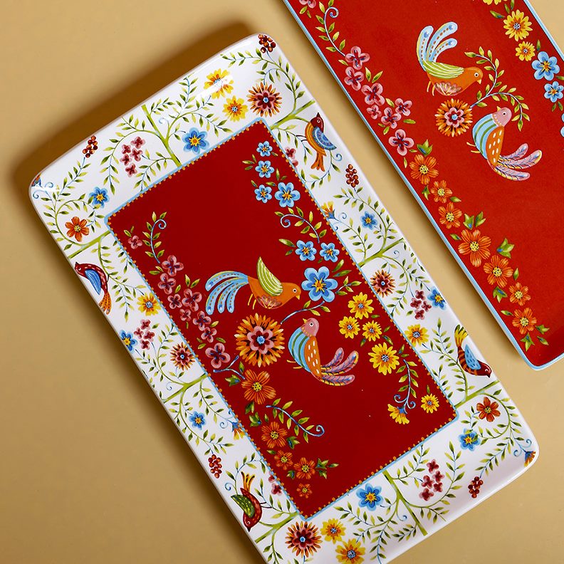 深风盘汤鸟花家用圆形平盘红色水果菜盘点心盘子创意陶瓷美式田园 - 图3