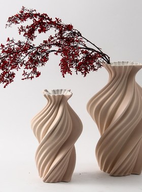 现代简约3D打印k麻花形肤红色陶瓷花瓶摆件家居样板间客厅花器装