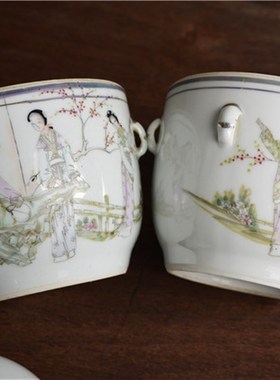 清代老式陶瓷工笔罐猪油罐糖罐带盖味精调味储物罐家用辣椒油罐盐