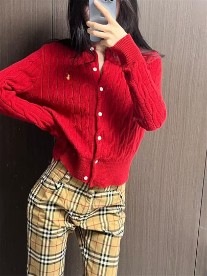 RALPH LAUREN拉夫劳伦秋冬小马刺绣麻花纹针织开衫女圆领纯棉毛衣