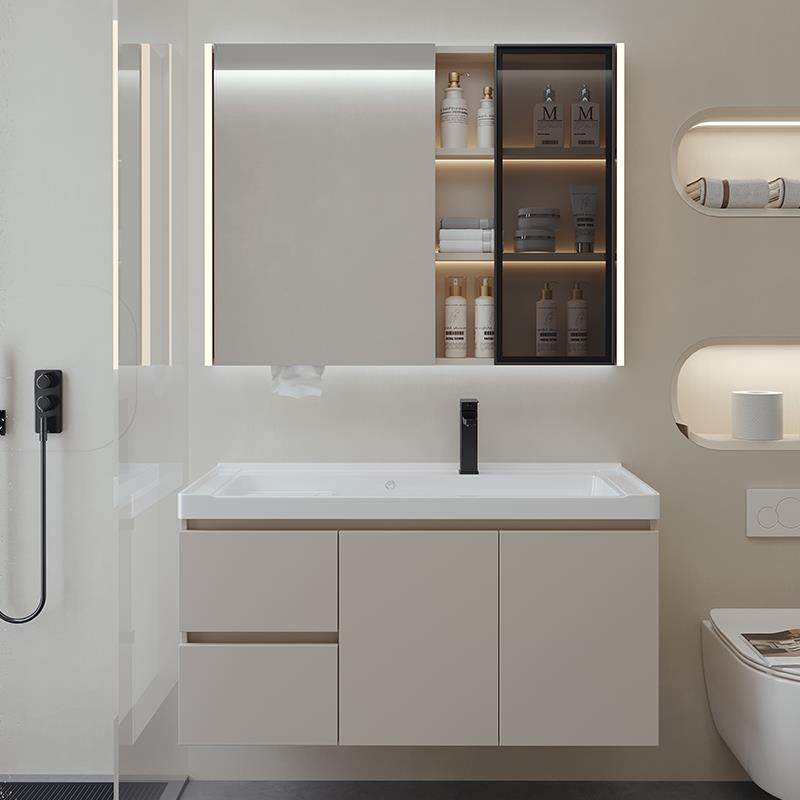 奶油风陶瓷一体盆浴室柜卫生间洗漱台洗手洗脸洗衣盆化妆镜柜组合,淘宝优惠券,粉丝福利购,淘宝优惠卷