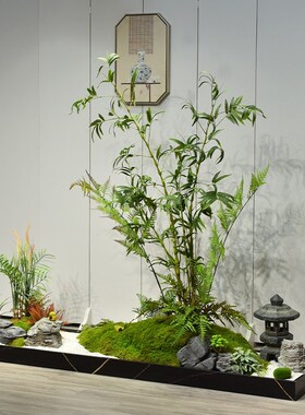 新中式室内造景茶室玄关形象墙装饰布置仿真绿植罗汉竹迎客松景观