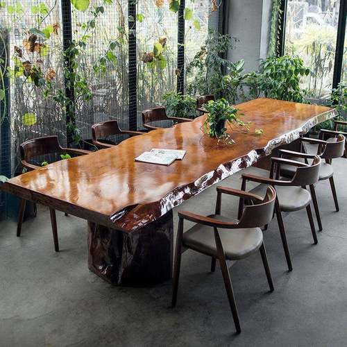 新中式实木大板桌原木整板办公桌自然边接待会客泡茶桌组合茶台 - 图2