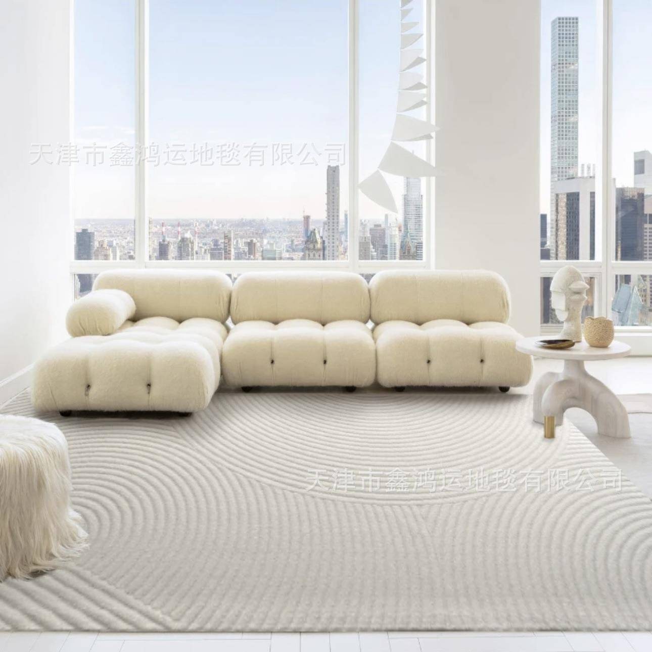 现代极简客厅地毯素色米色纯色轻奢高级茶几毯卧室防水抗菌免打理 - 图0