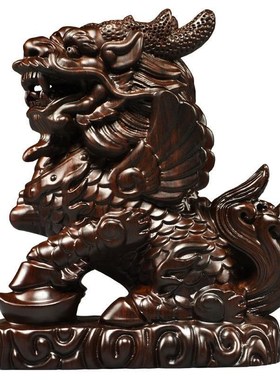 黑檀木雕麒麟摆件一对木制家居办公室客厅卧室装饰工艺品开业送礼