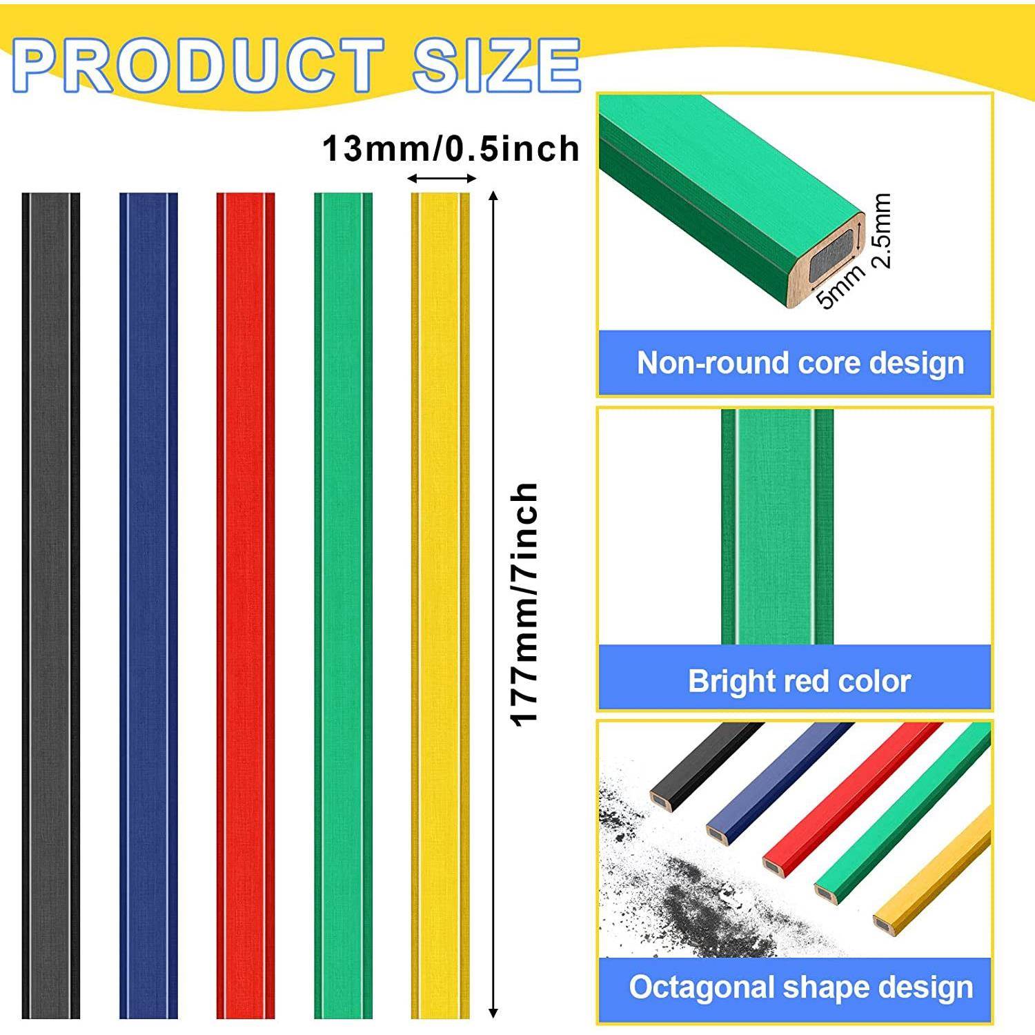 100PCS黑红蓝绿黄5颜色的笔各20支八角小木工铅笔套装 - 图0