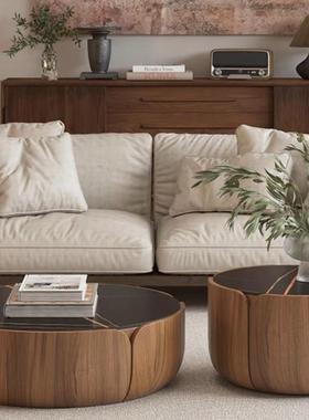 意式圆形实木茶几组合家用客厅小户型轻奢岩板圆茶几电视简约现代